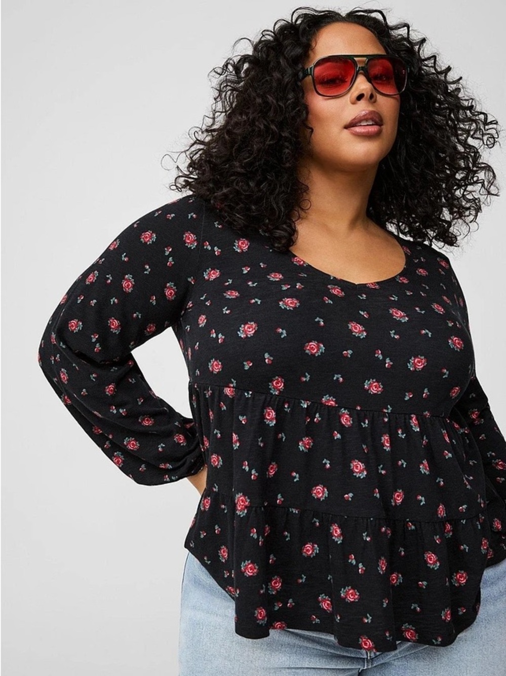 torrid Black Long-Sleeve Floral Peplum Top